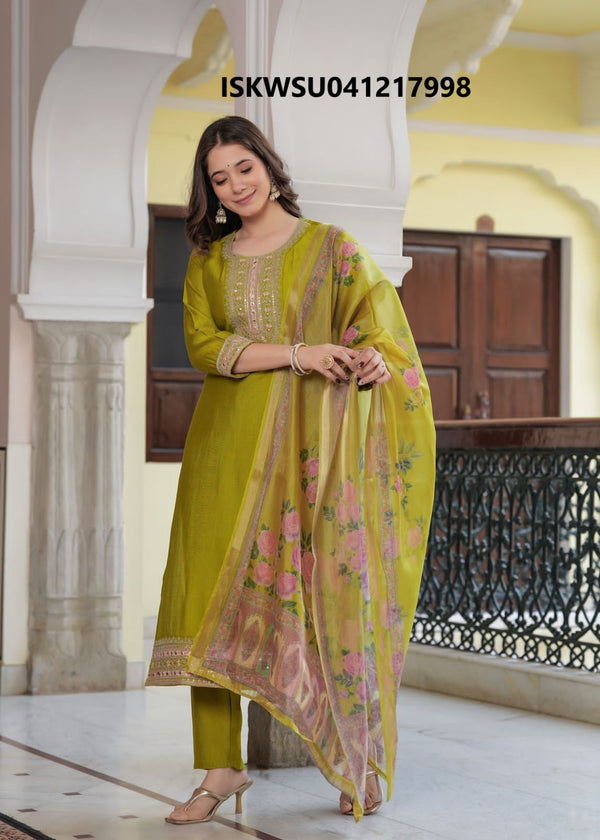 Embroidered Silk Kurti With Pant And Printed Dupatta-ISKWSU041217998