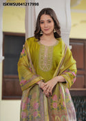 Embroidered Silk Kurti With Pant And Printed Dupatta-ISKWSU041217998