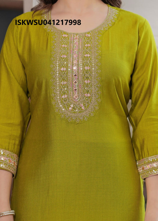 Embroidered Silk Kurti With Pant And Printed Dupatta-ISKWSU041217998