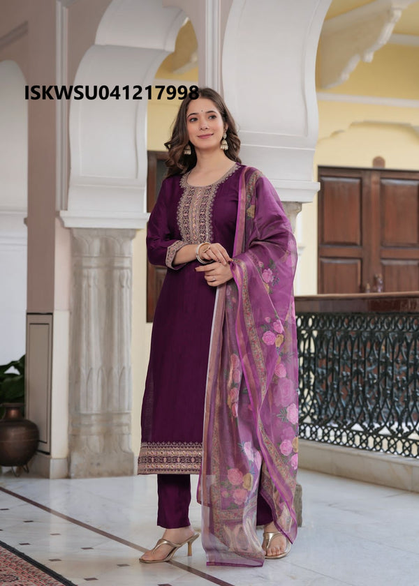 Embroidered Silk Kurti With Pant And Printed Dupatta-ISKWSU041217998