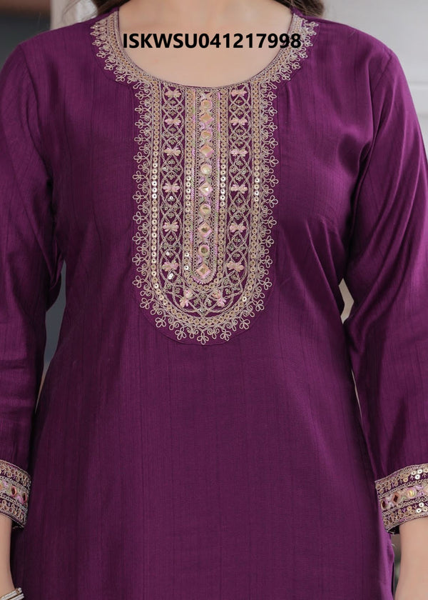 Embroidered Silk Kurti With Pant And Printed Dupatta-ISKWSU041217998