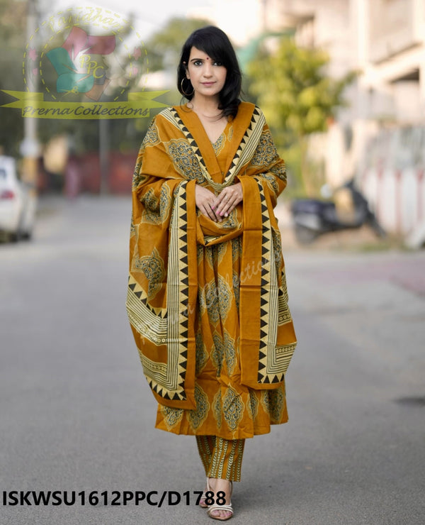 Ajrakh Printed Cotton Anarkali Kurti With Pant And Malmal Cotton Dupatta-ISKWSU1612PPC/D1788