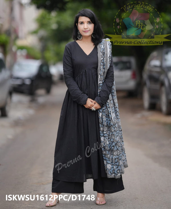 Cotton Kurti With Palazzo And Hand Block Kalamkari Printed Dupatta-ISKWSU1612PPC/D1748