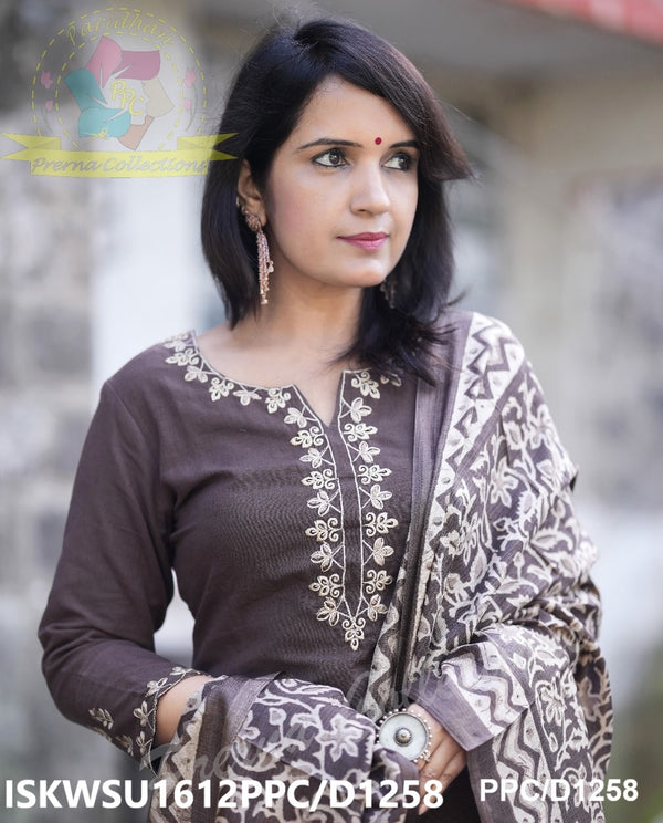 Handloom Cotton Kurti With Pant And Batik Printed Khadi Silk Dupatta-ISKWSU1612PPC/D1258