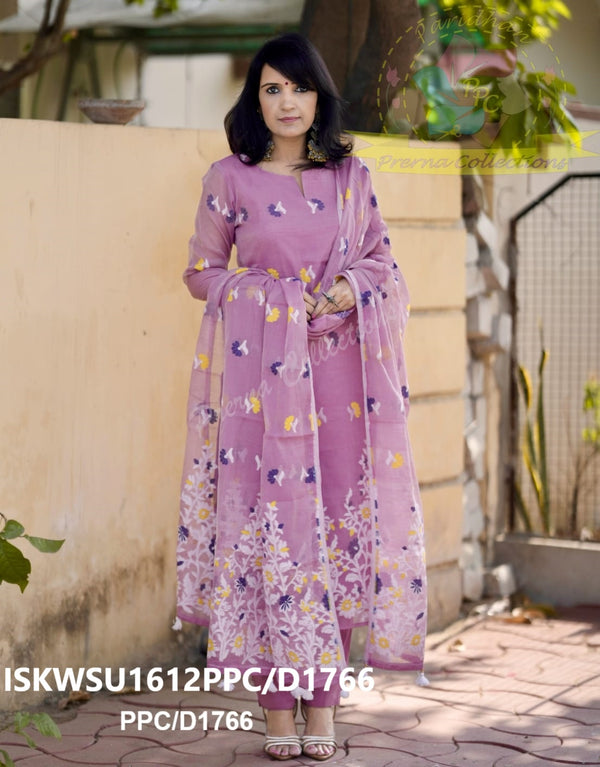 Hand Woven Jamdani Weaved Cotton Kurti With Pant And Dupatta-ISKWSU1612PPC/D1766