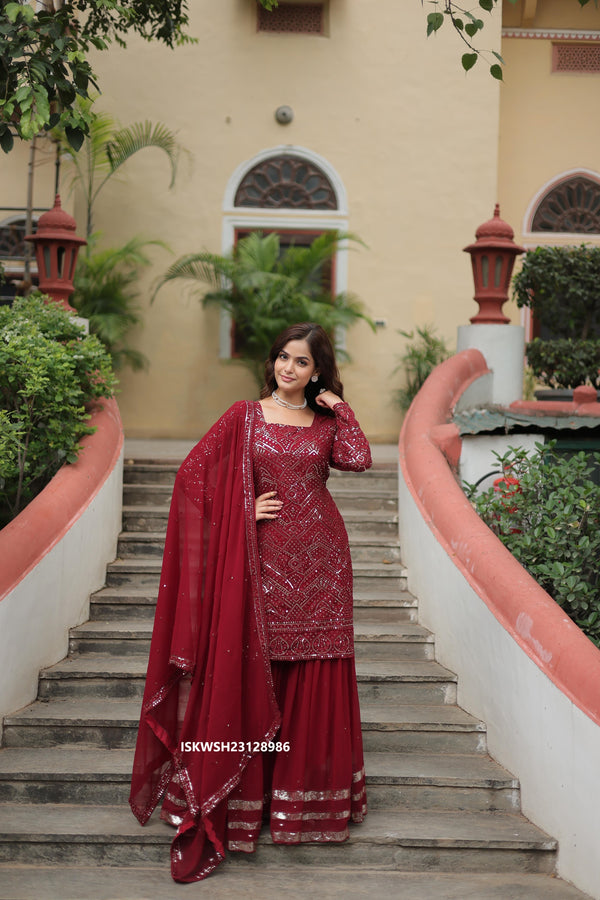 Embroidered Georgette Kurti With Sharara And Dupatta-ISKWSH23128986