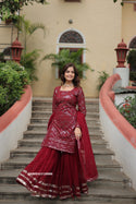 Embroidered Georgette Kurti With Sharara And Dupatta-ISKWSH23128986