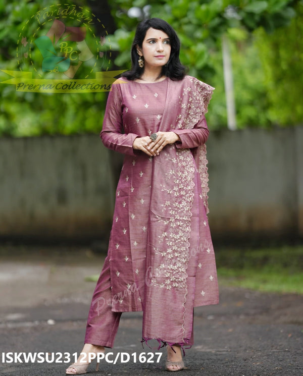 Embroidered Cotton Silk Kurti With Pant And Dupatta-ISKWSU2312PPC/D1627