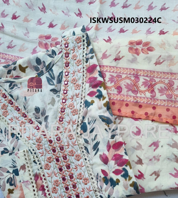 Block Printed Cotton Kurti With Pant And Dupatta-ISKWSUSM030224C