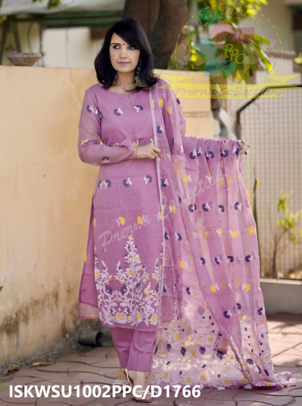 Hand Woven Jamdani Weaved Cotton Kurti With Pant And Dupatta-ISKWSU1002PPC/D1766