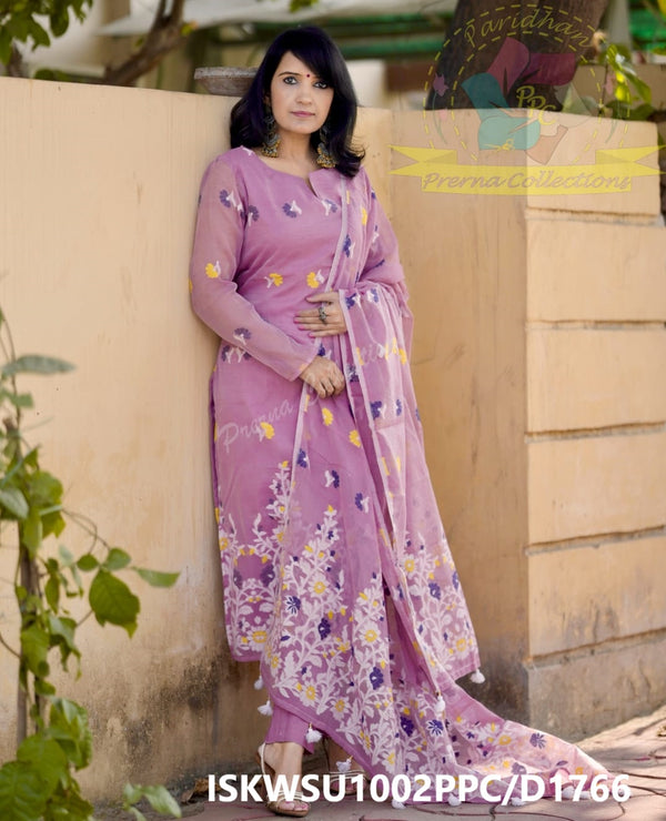 Hand Woven Jamdani Weaved Cotton Kurti With Pant And Dupatta-ISKWSU1002PPC/D1766