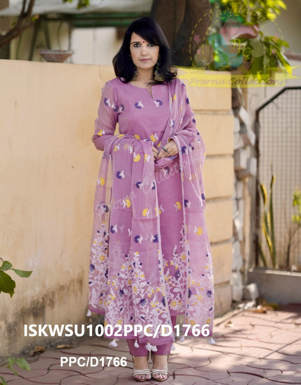 Hand Woven Jamdani Weaved Cotton Kurti With Pant And Dupatta-ISKWSU1002PPC/D1766