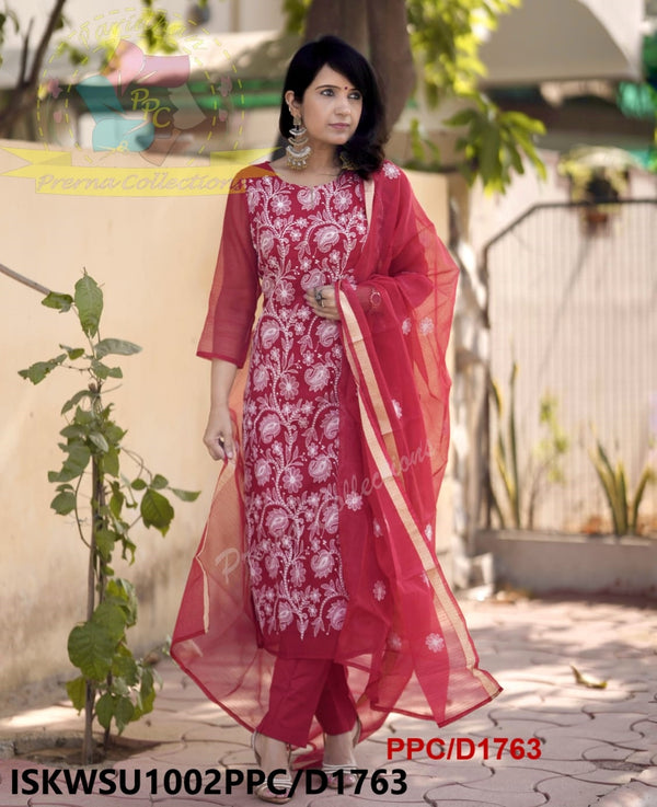 Embroidered Kota Doriya Kurti With Cotton Pant And Dupatta-ISKWSU1002PPC/D1763