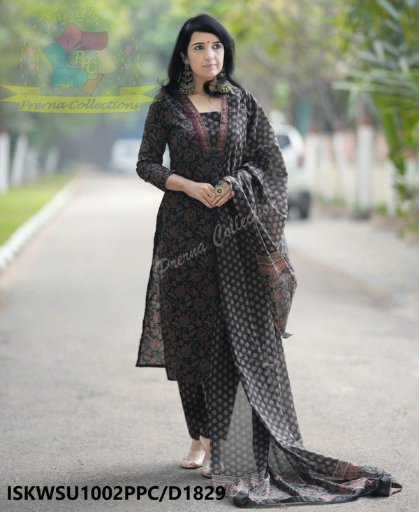 Kalamkari Printed Cotton Kurti With Block Printed Pant And Malmal Cotton Dupatta-ISKWSU1002PPC/D1829