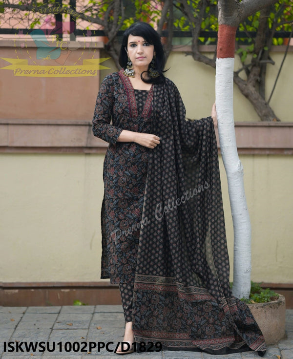 Kalamkari Printed Cotton Kurti With Block Printed Pant And Malmal Cotton Dupatta-ISKWSU1002PPC/D1829