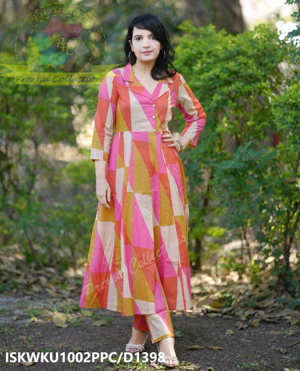 Abstract Printed Cotton A-Line Kurti With Pant-ISKWKU1002PPC/D1398