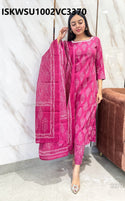 Khadi Printed Cotton Kurti With Pant And Kota Doriya Dupatta-ISKWSU1002VC3370