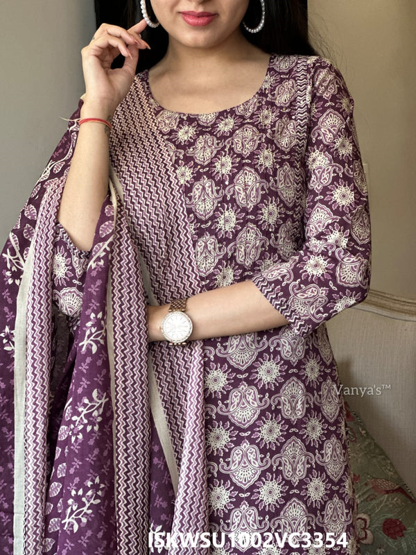 Printed Cotton Kurti With Pant And Malmal Cotton Dupatta-ISKWSU1002VC3354