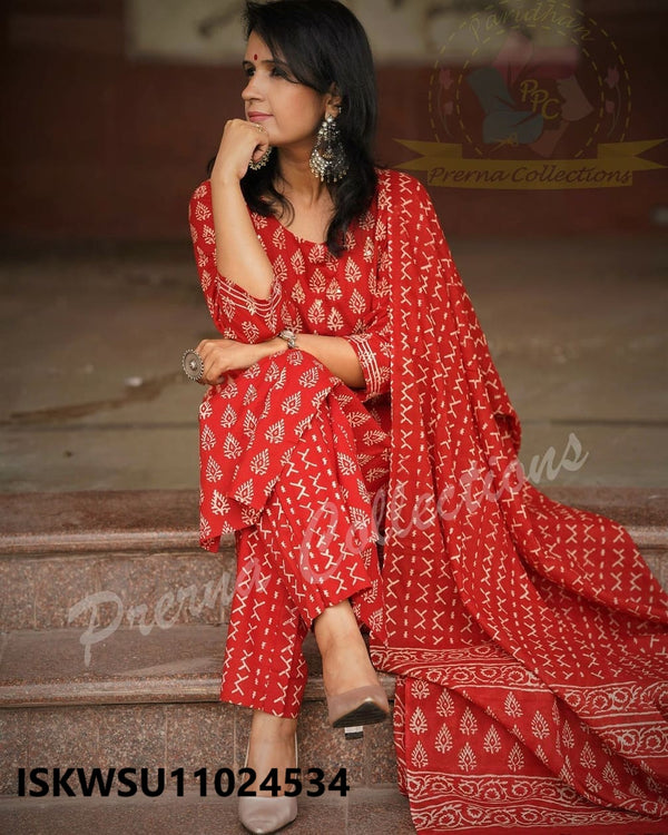 Bagru Printed Cotton Kurti With Pant And Dupatta-ISKWSU11024534