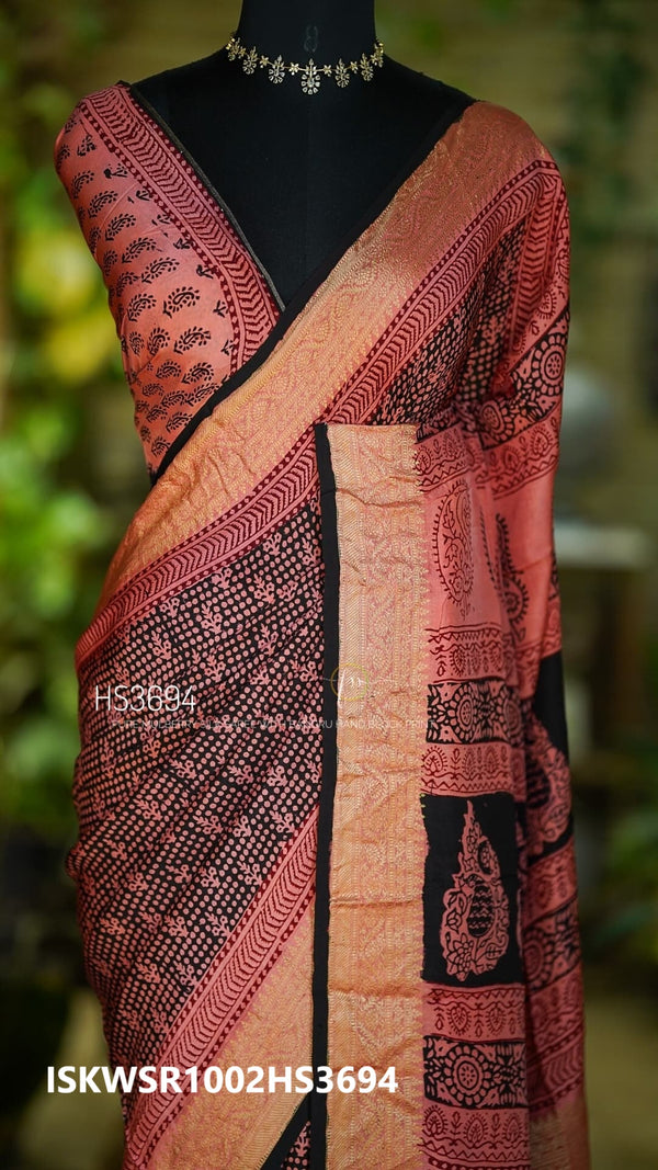 Coral Printed Silk Saree With Printed Blouse-ISKWSR1002HS3694