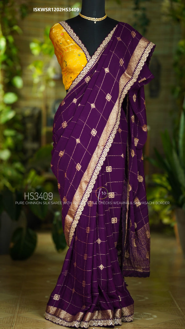 Embroidered Chinon Silk Saree With Contrast Blouse-ISKWSR1202HS3409