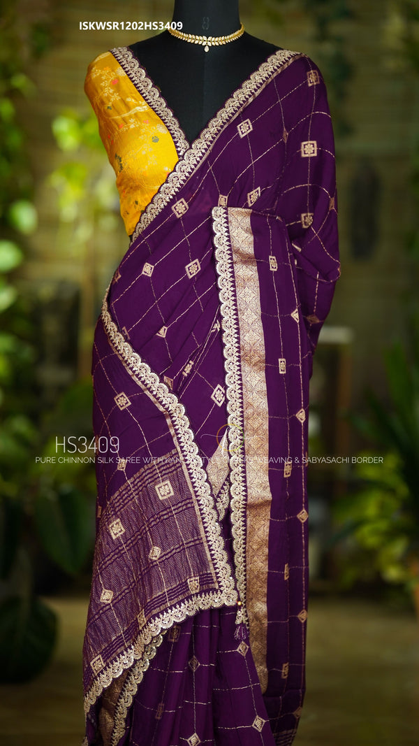 Embroidered Chinon Silk Saree With Contrast Blouse-ISKWSR1202HS3409