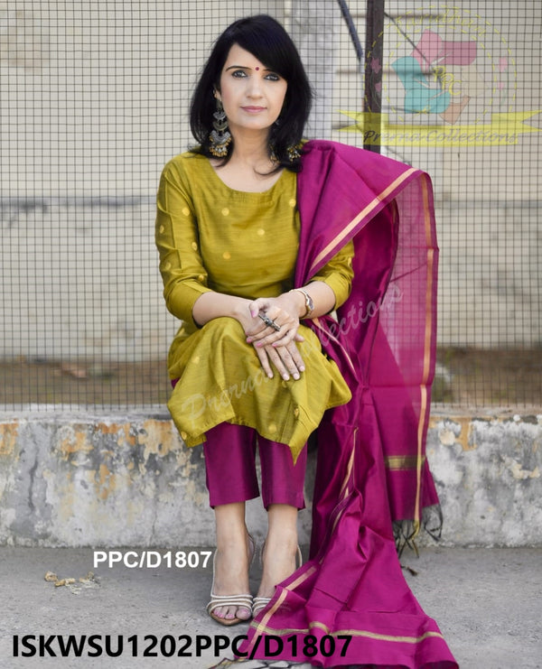 Handloom Weaved Silk Kurti With Pant And Handloom Zari Dupatta-ISKWSU1202PPC/D1807