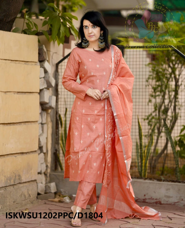 Embroidered Cotton Silk Kurti With Pant And Dupatta-ISKWSU1202PPC/D1804