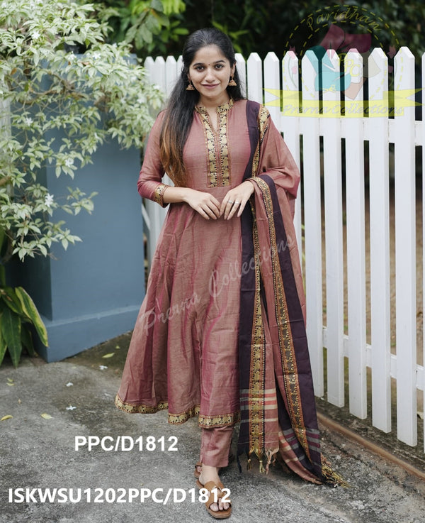 Handloom Cotton Silk Anarkali Kurti With Cotton Silk Pant And Handloom Dupatta-ISKWSU1202PPC/D1812