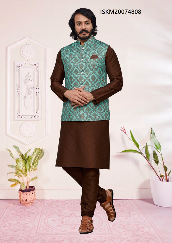 Art Silk Nehru Jacket In Firozi Color