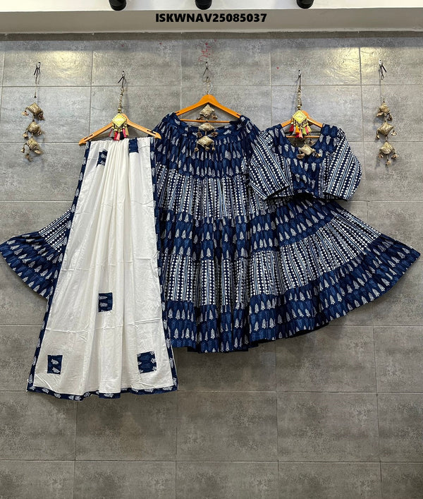 Printed Demin Cambric Cotton Lehenga With Blouse And Rayon Cotton Dupatta-ISKWNAV25085037