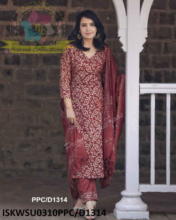 Hand Batik Printed Silk Kurti With Pant And Dupatta-ISKWSU0310PPC/D1314