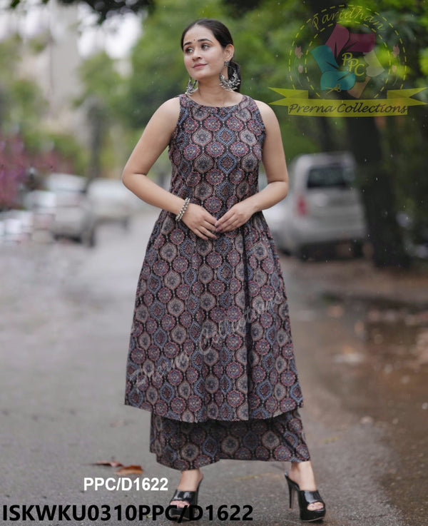 Ajrakh Printed Cotton A-Line Kurti With Palazzo-ISKWKU0310PPC/D1622