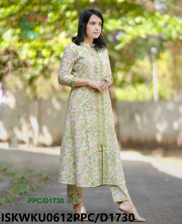 Hand Block Printed Cotton Kurti With Kantha Pant-ISKWKU0612PPC/D1730