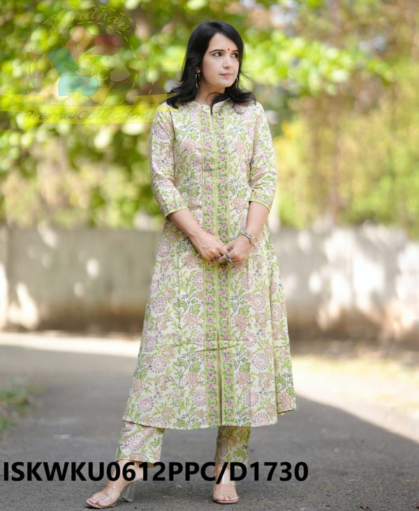 Hand Block Printed Cotton Kurti With Kantha Pant-ISKWKU0612PPC/D1730