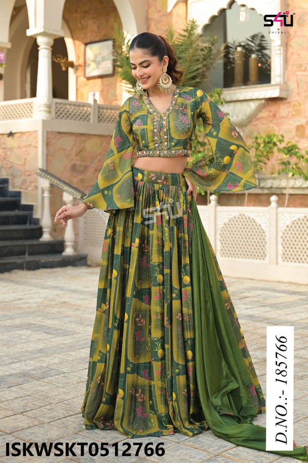 Printed Silk Crop Top With Skirt And Dupatta-ISKWSKT0512766