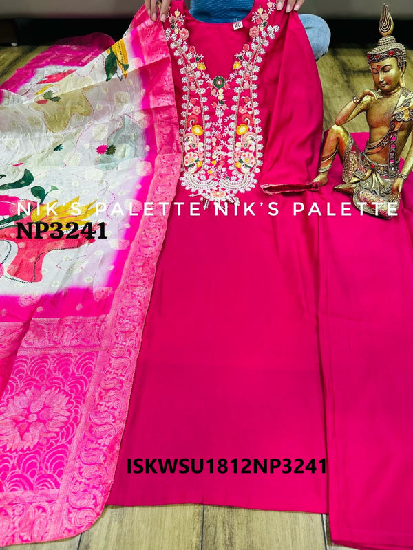 Embroidered Maslin Silk Kurti With Pant And Banarasi Silk Dupatta-ISKWSU1812NP3241