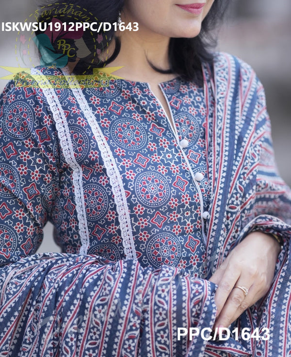 Ajrakh Printed Cotton A-Line Kurti With Pant And Malal Cotton Dupatta-ISKWSU1912PPC/D1643