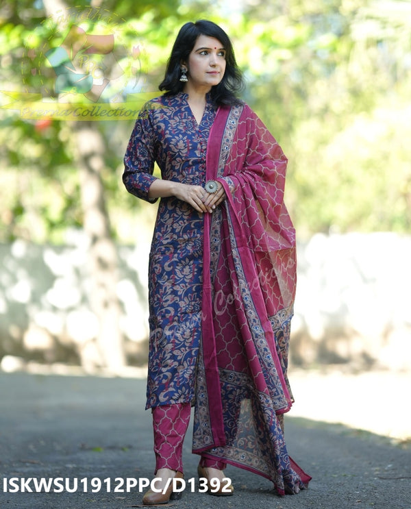 Kalamkari Printed Cotton Kurti With Pant And Malmal Cotton Dupatta-ISKWSU1912PPC/D1392