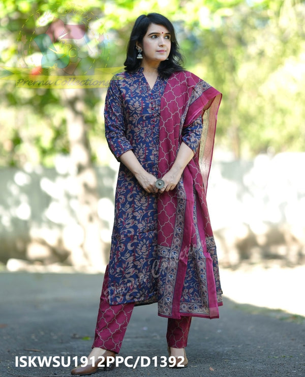 Kalamkari Printed Cotton Kurti With Pant And Malmal Cotton Dupatta-ISKWSU1912PPC/D1392