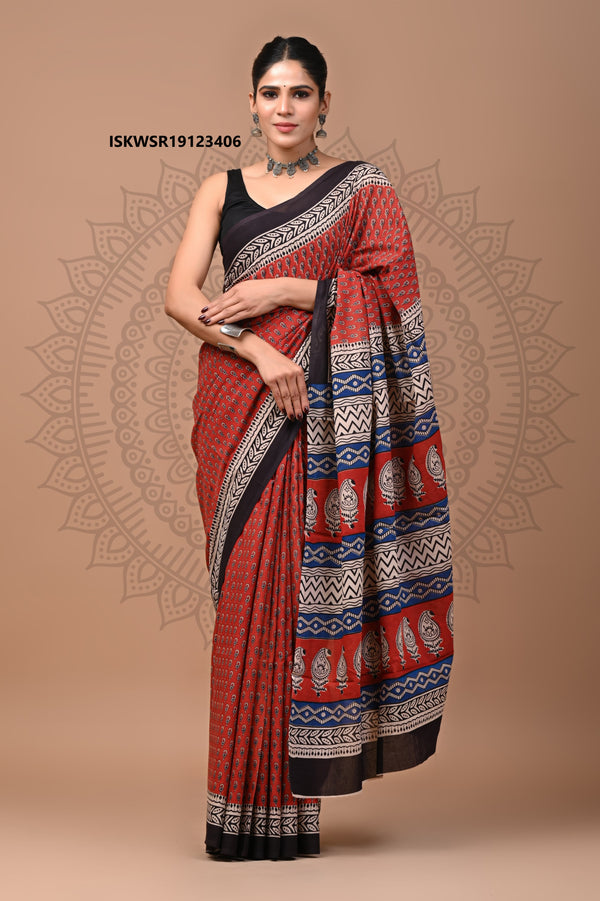 Bagru Hand Block Printed Cotton Saree With Blouse-ISKWSR19123406