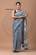 Bagru Hand Block Printed Cotton Saree With Blouse-ISKWSR19123406