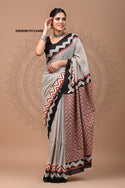 Bagru Hand Block Printed Cotton Saree With Blouse-ISKWSR19123406