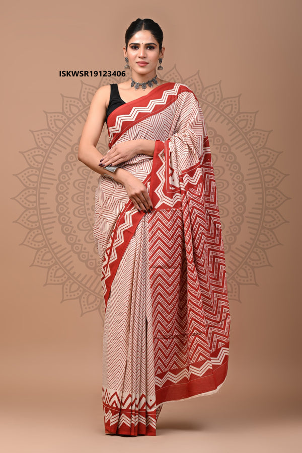 Bagru Hand Block Printed Cotton Saree With Blouse-ISKWSR19123406