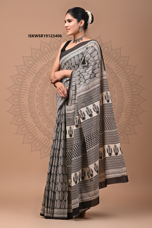 Bagru Hand Block Printed Cotton Saree With Blouse-ISKWSR19123406