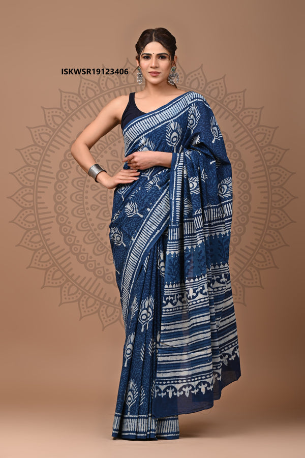 Bagru Hand Block Printed Cotton Saree With Blouse-ISKWSR19123406