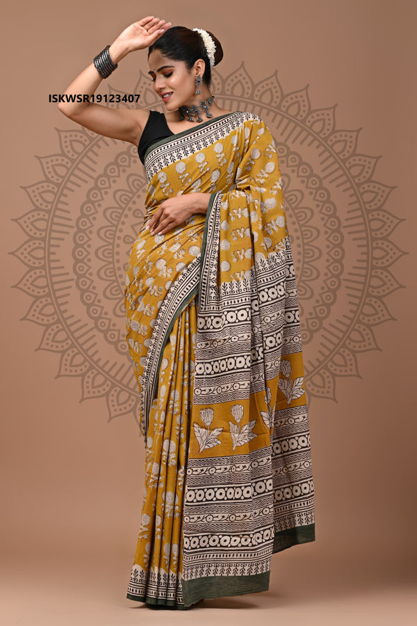 Bagru Hand Block Printed Cotton Saree With Blouse-ISKWSR19123407