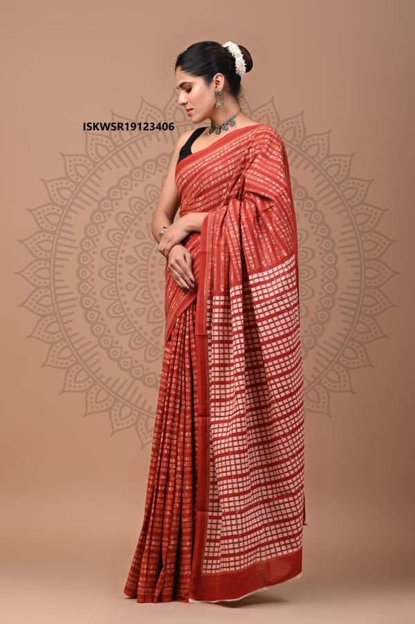 Bagru Hand Block Printed Cotton Saree With Blouse-ISKWSR19123406