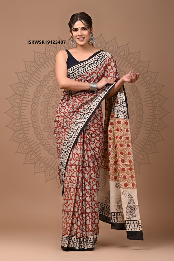 Bagru Hand Block Printed Cotton Saree With Blouse-ISKWSR19123407