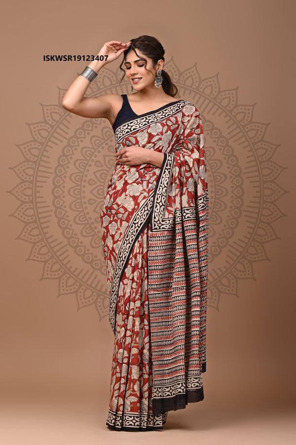 Bagru Hand Block Printed Cotton Saree With Blouse-ISKWSR19123407